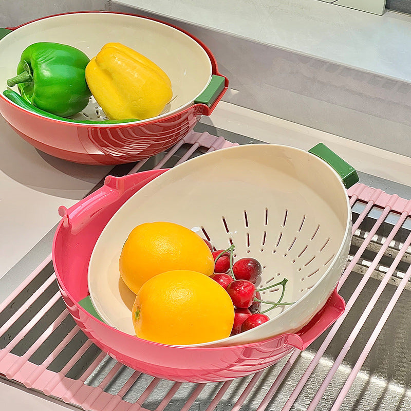 Double-Layer Rotating Colander Bowl – Fruit & Vegetable Washing Basket