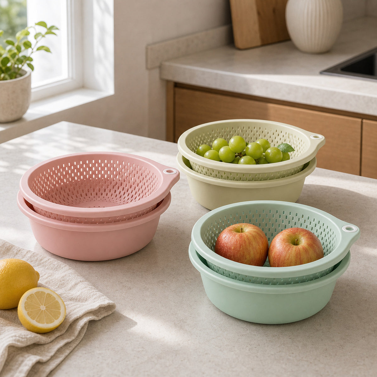 2-in-1 Colander & Mixing Bowl Set – Stackable Fruit and Vegetable Washing Strainer