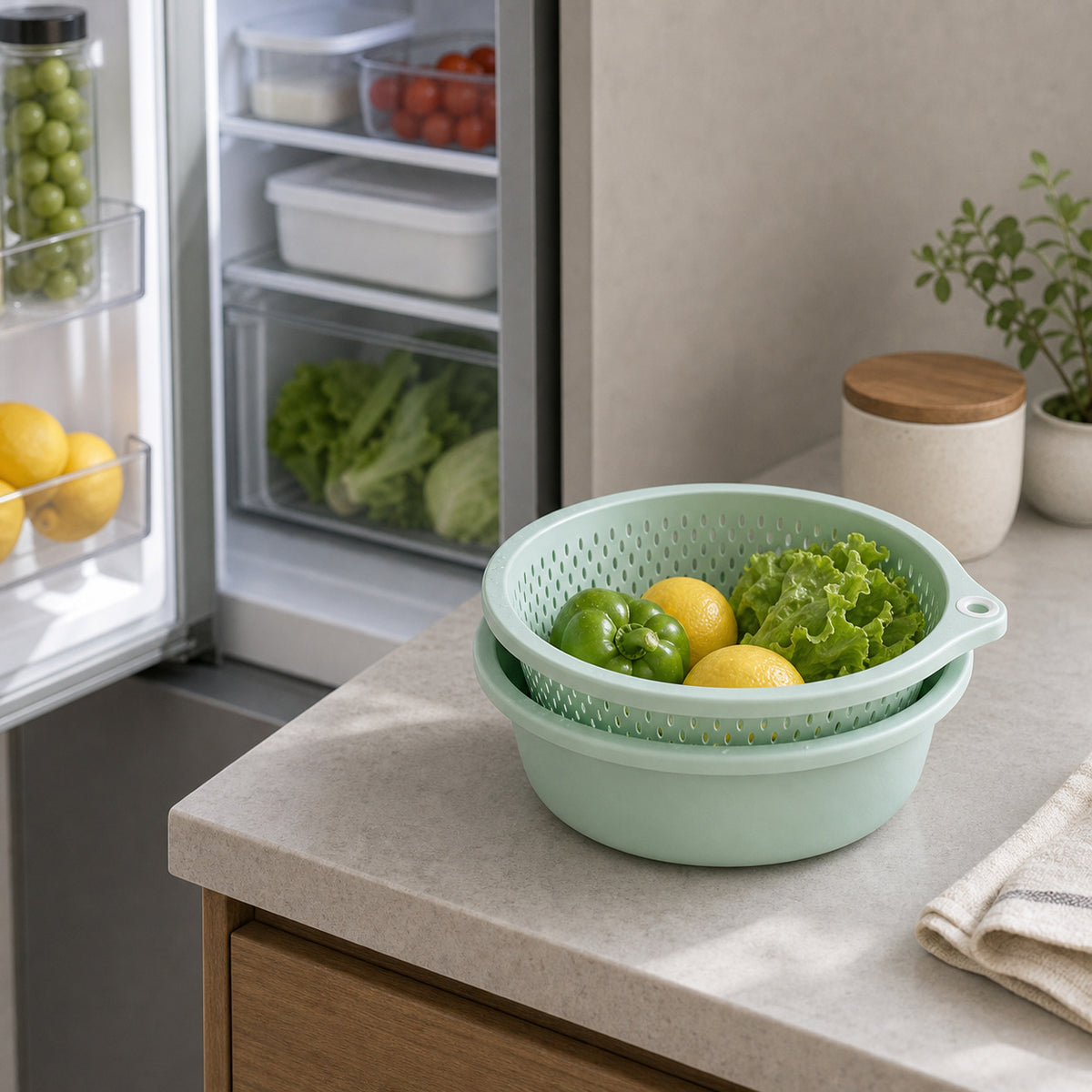 2-in-1 Colander & Mixing Bowl Set – Stackable Fruit and Vegetable Washing Strainer