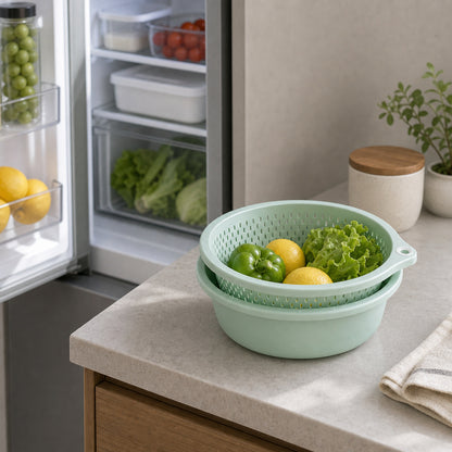 2-in-1 Colander & Mixing Bowl Set – Stackable Fruit and Vegetable Washing Strainer