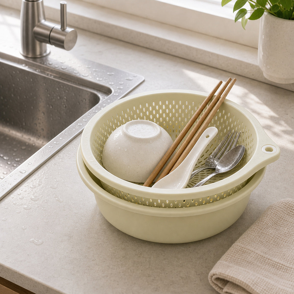 2-in-1 Colander & Mixing Bowl Set – Stackable Fruit and Vegetable Washing Strainer